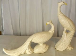 Mid Century White Textured Glaze Ceramic Peacock Bird Of Paradise pair Vintage 2