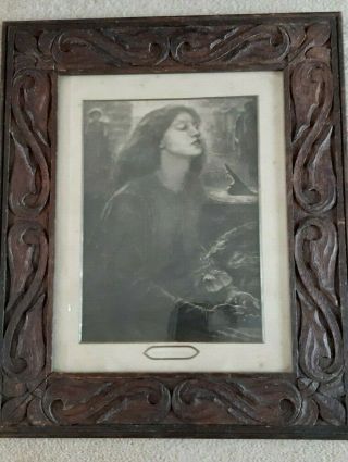 Rustic Arts And Crafts Carved Oak Picture Frame With Picture " Beata Beatrix "