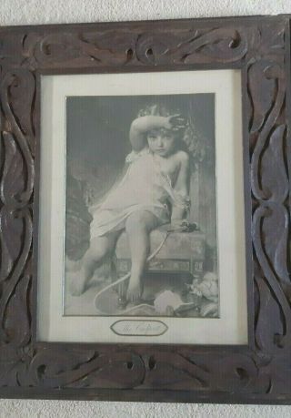 Rustic Arts And Crafts Carved Oak Picture Frame With Picture " The Culprit "