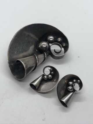 Vintage Mid Century Danish Scandi Sterling Silver Brooch Pin Earrings Danish Des