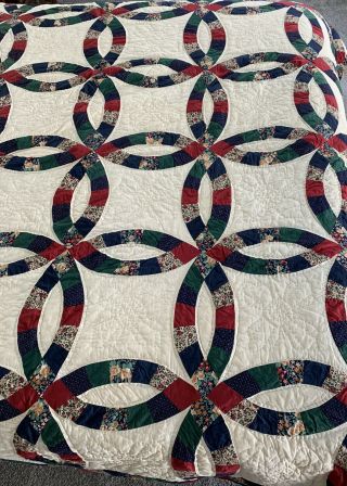 Vintage Double Wedding Ring Quilt Patchwork 82×82 Scalloped Edges 3