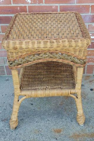 Vintage Rattan Wicker Side Table 2 Tier Green Red Brown 16.  5x16.  5x22
