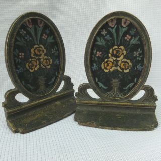 Antique Art Nouveau Cast Iron Oval Bookends Hand - Painted Flowers,  Urn Marked 188
