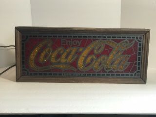 Vintage 1970 ' s Coca Cola Faux Stained Glass Light with Wood Frame 777 2