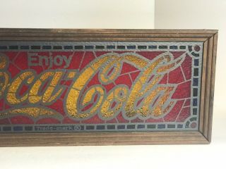 Vintage 1970 ' s Coca Cola Faux Stained Glass Light with Wood Frame 777 3
