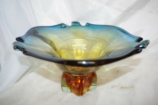 Vintage Awesome Blue Amber Mid Century Mod Pedestal Bowl Murano Glass Art Deco