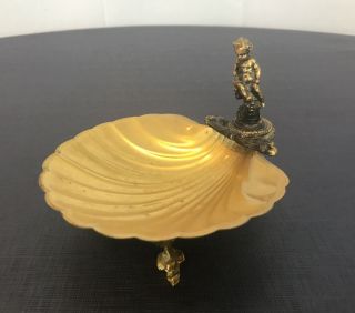 Vintage Art Deco Brass Finished Sea Shell Cherub Footed Soap Dish