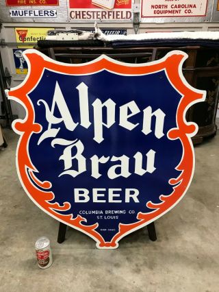 " Alpen Brau " Large,  Heavy Double Sided Porcelain Sign (35 " X 32 "),