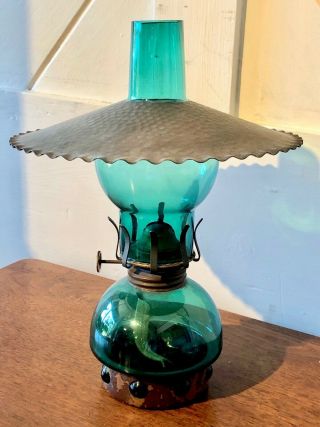 Arts & Crafts Style Glass And Copper Oil Lamp