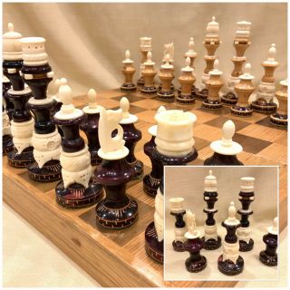 Vintage Hand Carved Wood And Bone Chess Set Wooden Case Board Faux Ivory Asian