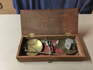 Antique Balance Scale W/various Weights And Wood Box W/clasp