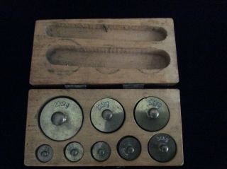 Set Of 8 Vintage Antique Brass Balance Scale Weights With Wooden Box