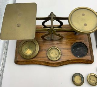 Vintage Brass And Wood English Postal Scale With 5 Weights