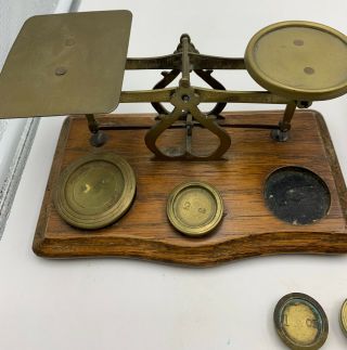 Vintage Brass and Wood English Postal Scale with 5 Weights 2