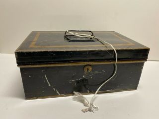 Vintage Antique Black Tin Lock Box,  Cash & Deed Box