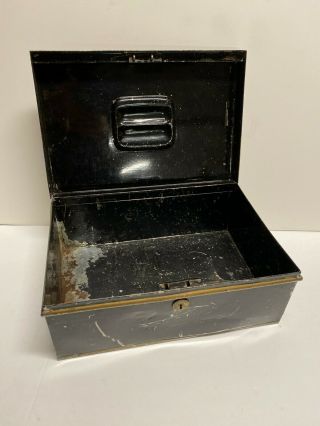 Vintage Antique Black Tin Lock Box,  Cash & Deed Box 3
