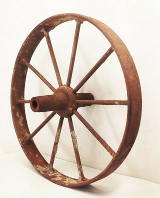 Vtg Antique Cast Iron Farm Factory Cart Wagon Barrow Wheel 16 " 10 Spoke Rustic