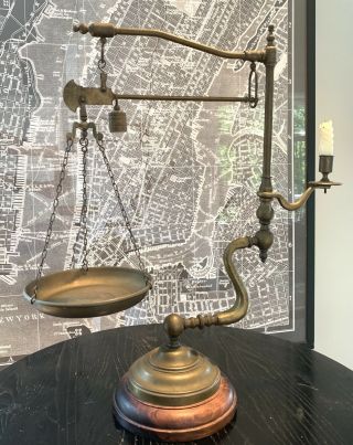 Vintage Italian Chapman Industrial Arms Brass Balance Scale & Candle Holder