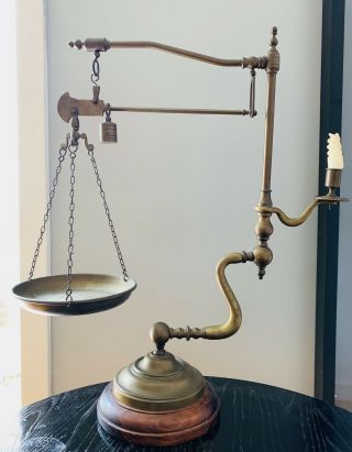 Vintage Italian Chapman Industrial Arms Brass Balance Scale & Candle Holder 2