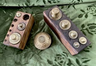 Set Of 3 Vintage Brass Scale Weights W/ Wood Boxes: Grams & Ram Krishna