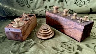 Set Of 3 Vintage Brass Scale Weights w/ Wood Boxes: Grams & Ram Krishna 2