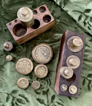 Set Of 3 Vintage Brass Scale Weights w/ Wood Boxes: Grams & Ram Krishna 3