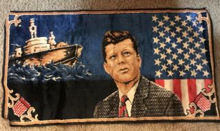 John F Kennedy Jfk Wall Hanging Tapestry Rug Velvet Italy Boat Vintage 20x38 "