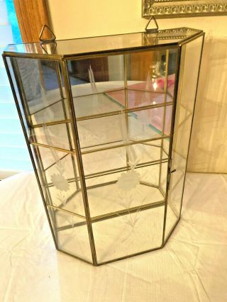 Brass Etched Glass Vtg Curio Hanging 3 Shelf Miniature Display Case 13 1/2 " Tall