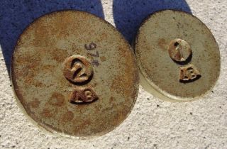 2 Vintage Round Cast Iron Scale Weights 1lb & 2lb