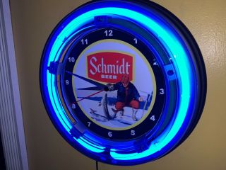 Schmidt Ice Fishing Beer Bar Advertising Man Cave Neon Wall Clock Sign