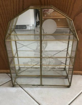 Vintage Glass Mirrored Display Case Curio Cabinet Brass Etched? Castle Moon Star