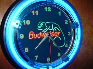 Budweiser Bud Lizard Beer Bar Advertising Man Cave Neon Clock Sign