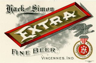 Pre - Prohibition Hack & Simon Brewing - Extra Fine Beer Bottle Label Vincennes In