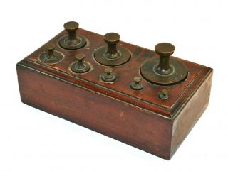 Antique Brass Scale 8 Weights Handsome Wood Box