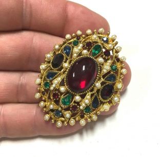Vtg Capri " Jewels Of India " Glass & Pearl & Multi - Color Rhinestone Brooch Ww174u