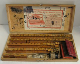 Vintage Fulton Sign & Price Markers Rubber Wood Stamps Alphabet Numbers Wood Box