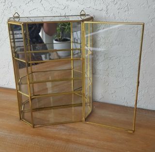 Vintage Miniature Glass Curio Display Trinket Box 9  Jewelry Brass Mirror