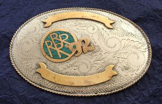 Vintage Huge 1992 Rrrr Rodeo J Tedder Nickel Silver Turquoise Trophy Belt Buckle