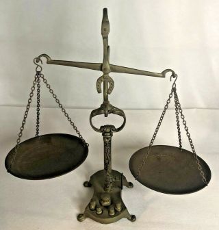 Antique Vintage Brass Balance Scale Apothecary,  W/adjustable Handle,  & 5 Weights
