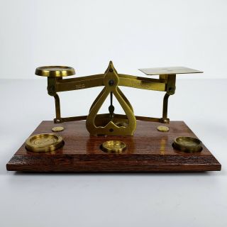 Vintage Postal Scale Brass Weights Wood English England,  Cased Brass Weight Set 2