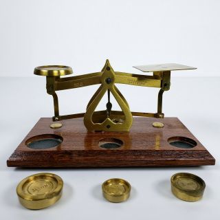 Vintage Postal Scale Brass Weights Wood English England,  Cased Brass Weight Set 3