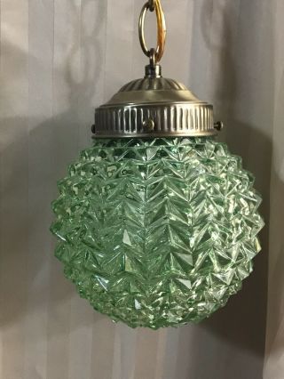 Vintage Mid Century Round Green Cut Glass And Brass Swag Hanging Chain Lamp