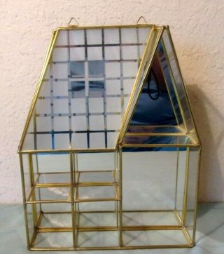 Vintage Brass Glass House Curio Shelf Cabinet Mirror Miniatures 10 " T X 8 " W