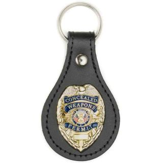 Gold Cwp Concealed Weapons Permit Badge Black Leather Fob Key Chain Key Ring M3