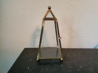 7 " Glass Brass Display Case Footed Pyramid Door Hinge Curio Trinket Vintage