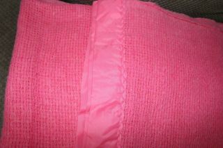 Vintage Waffle Weave Blanket Dark Pink Colored Satin Edge Trim 70 " X 74 " Wool