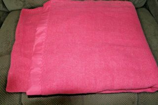 Vintage Waffle Weave Blanket Dark Pink Colored Satin Edge trim 70 