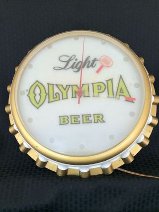 1971 Vintage Olympia Light Beer Illuminated Lighted Bottle Cap Clock Sign