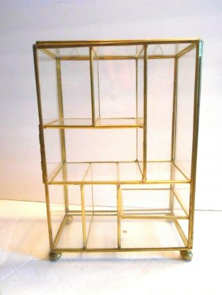 Vtg Brass & Glass 2 Shelf Display Curio 8 Pc.  Cabinet Case W Door Table,  Wall