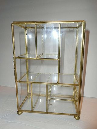 vtg brass & glass 2 shelf display curio 8 pc.  cabinet case w door table,  wall 2